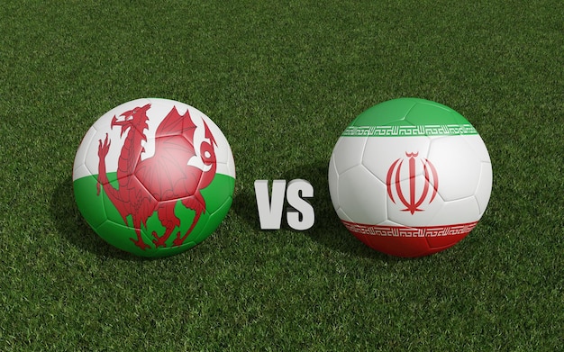 Balones de fútbol en colores de banderas en la hierba Gales con el campeonato de fútbol de la Copa Mundial de Irán 2022 3d renderizado