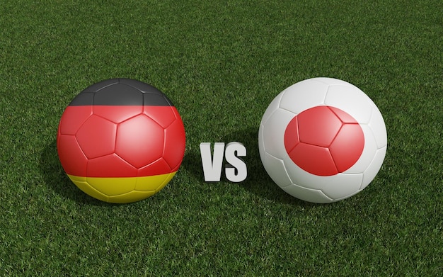 Balones de fútbol en colores de banderas sobre hierba Alemania con el campeonato de fútbol de la Copa Mundial de Japón 2022 Representación 3d