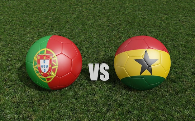 Balones de fútbol en colores de banderas sobre hierba Portugal con el campeonato de fútbol de la Copa Mundial de Ghana 2022 representación 3d