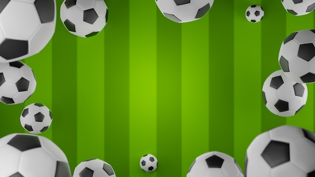 Foto balones de fútbol de renderizado 3d cayendo sobre fondo de marco de campo de fútbol