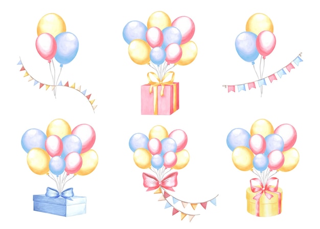 Balones de helio con cajas de regalos, arco y banderín, guirnaldas, felices cumpleaños, colección de cliparts.