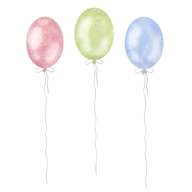 Balones de helio colores pastel azul rojo verde Ilustración de acuarela dibujada a mano aislada