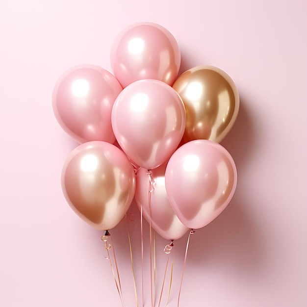 Balones de helio rosados y dorados aislados sobre un fondo rosado