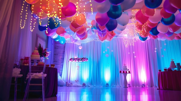 Balones y luces de colores decoran el techo de una habitación grande