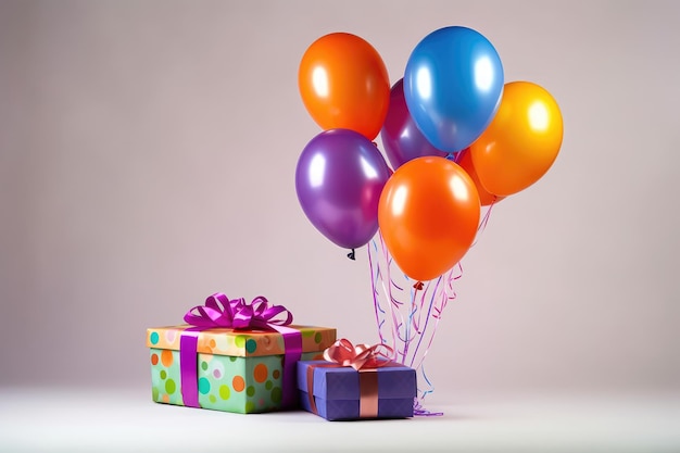Balones multicolores y una caja de regalos sobre fondo blanco Festivo Cumpleaños