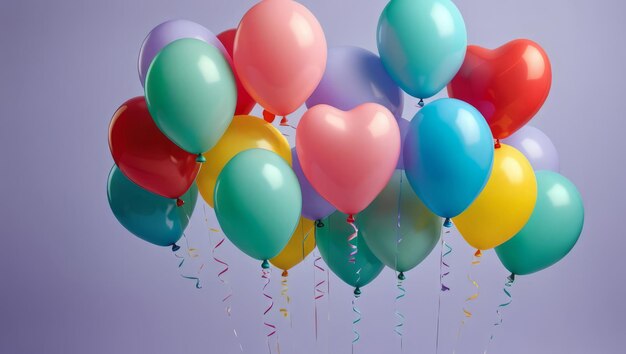 Balones multicolores en forma de corazón con cinta en espiral flotando contra un fondo de color