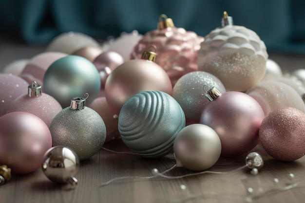 Balones de Navidad en colores pastel primer plano decoraciones de Navidad tradición de año nuevo