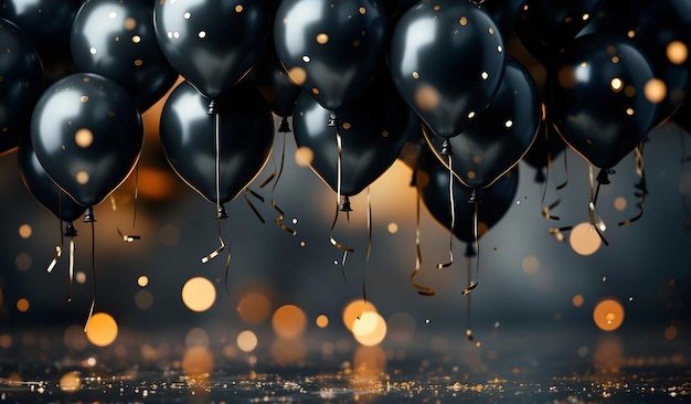 Balones negros en un fondo oscuro con bokeh amarillo