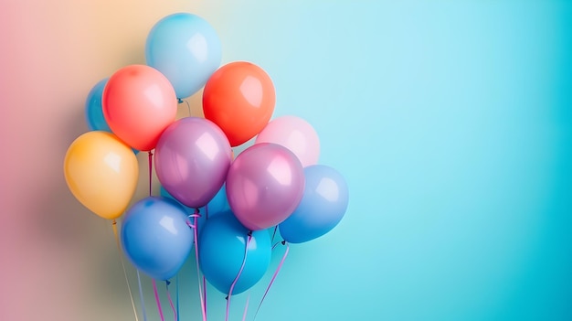 Balones pastel coloridos y telón de fondo arco iris para celebrar los logros de diseño web