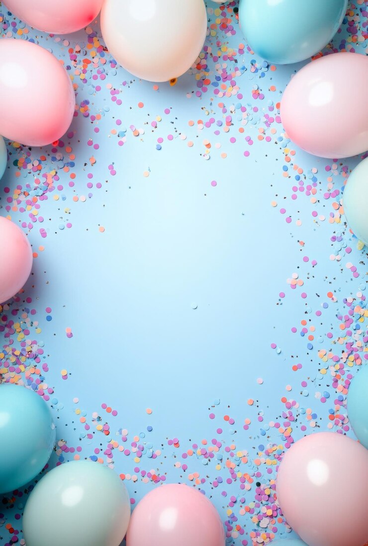 Balones pastel lúdicos y confeti de colores suaves esparcidos por el marco dejando un espacio abierto en el centro para un mensaje