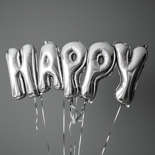 Foto balones plateados deletreando feliz contra un fondo neutral perfecto para celebraciones y saludos diseño simple y elegante ai