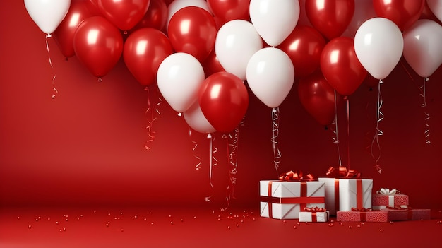 Balones rojos con cajas de regalo Concepto de venta de Año Nuevo Fondo rojo con espacio para copiar