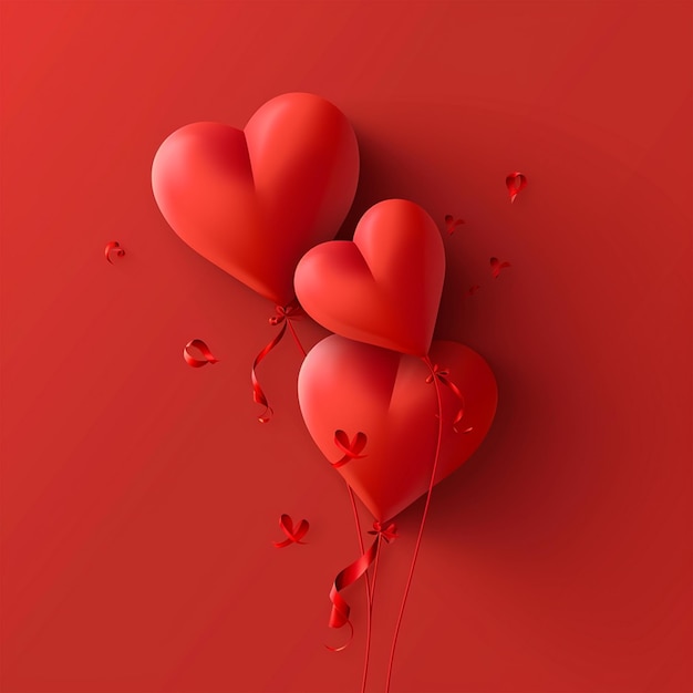 Balones rojos en forma de corazón en un fondo rojo post en las redes sociales del día de San Valentín