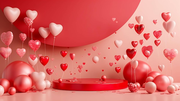 Balones rojos y rosados en forma de corazón flotando desde un escenario rojo contra un fondo rosa