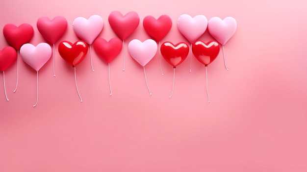 Balones rojos y rosados en forma de corazón sobre un fondo rosado