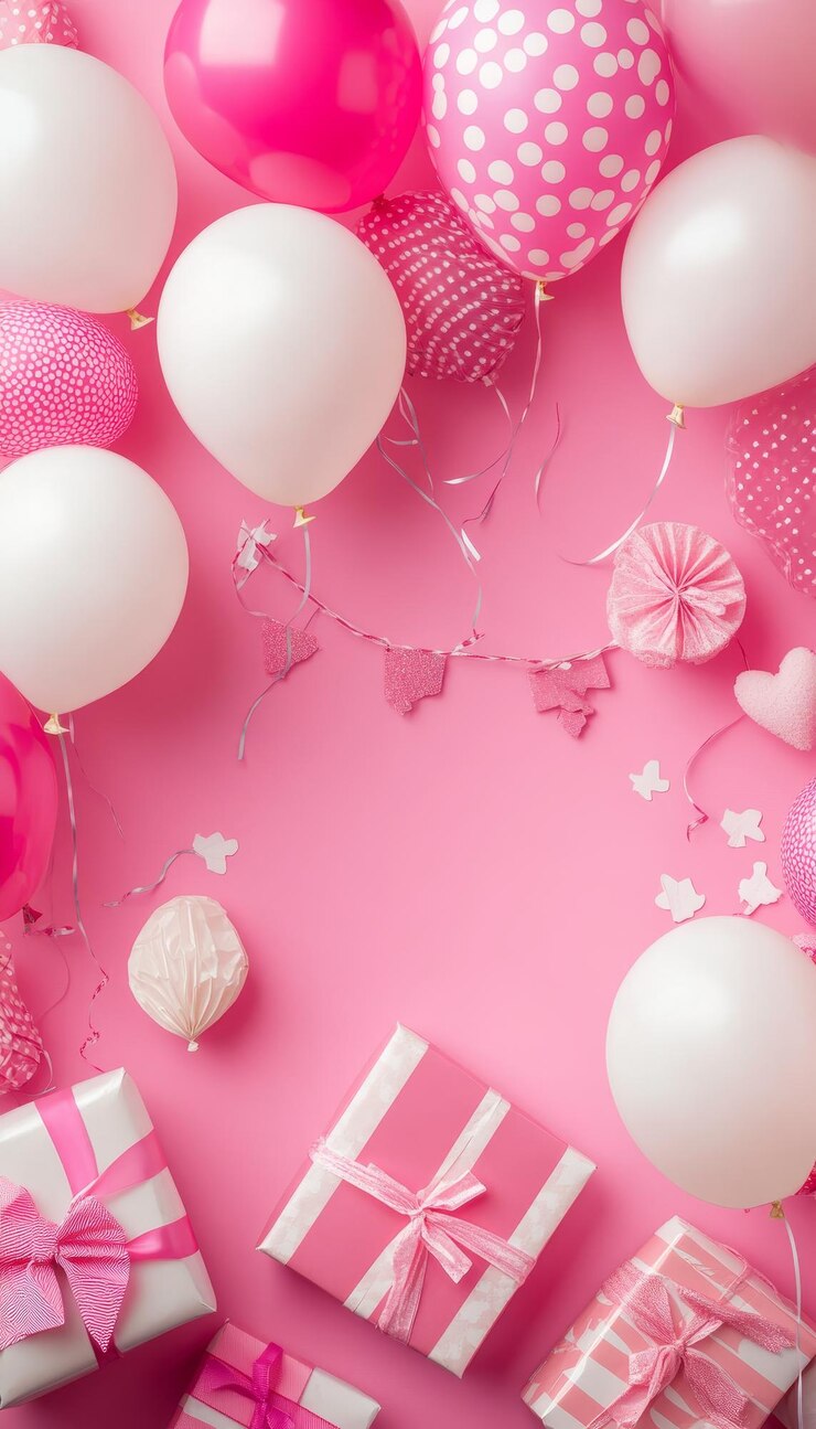 Foto balones rosados y blancos con regalos de cumpleaños en fondo rosado vista superior concept de colocación plana highre