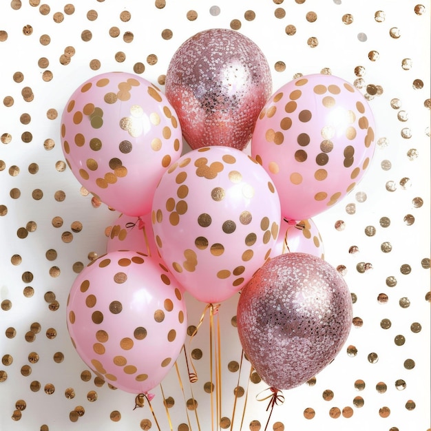 Balones rosados y dorados en la mesa