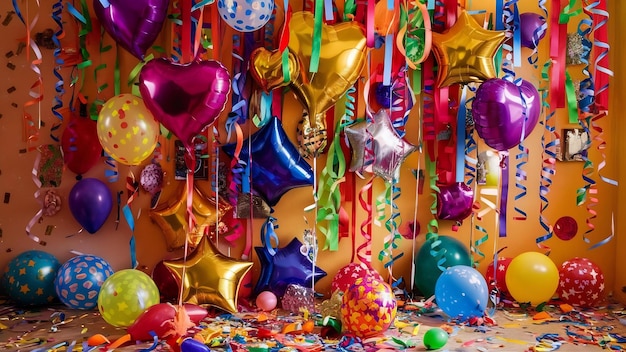 Balones y varias decoraciones de fiestas con espacio para copiar