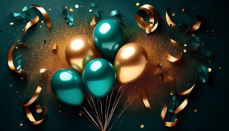 Balones verdes y dorados con confeti en un fondo brillante