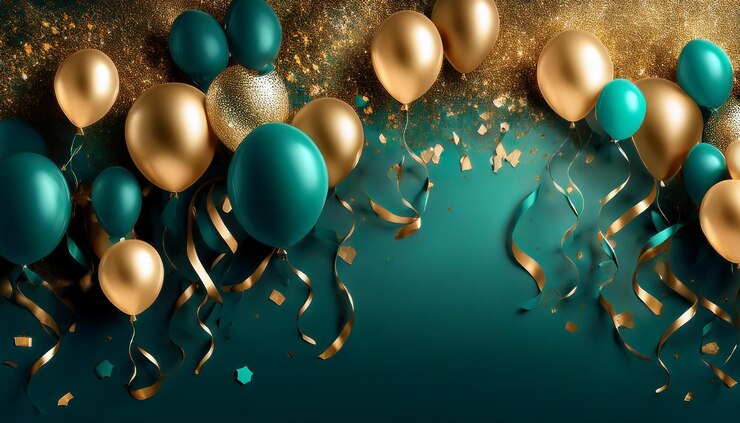 Balones verdes y dorados con confeti en un fondo brillante