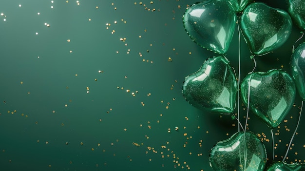 Balones verdes en forma de corazón con confeti dorado en un fondo verde con textura