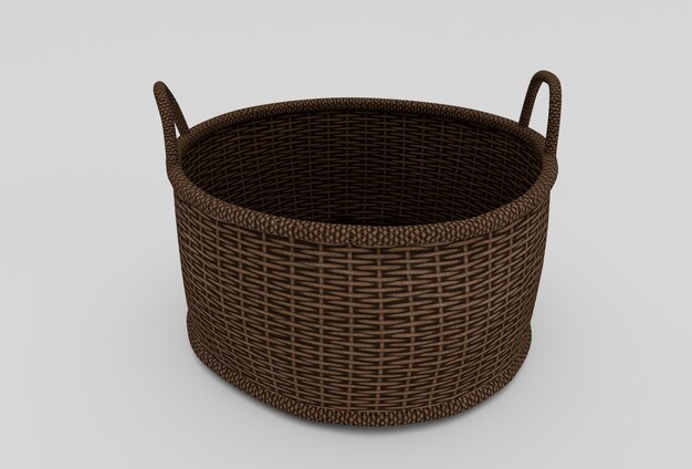 Bamboo Basket Wicker com renderização 3d mínima de pano em fundo branco