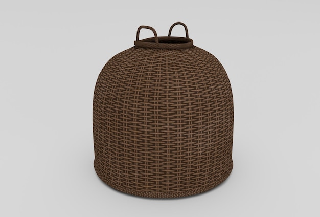 Bamboo Basket Wicker com renderização 3d mínima de pano em fundo branco