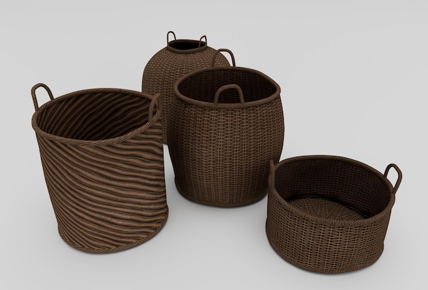 Bamboo Basket Wicker mit Tuch minimal 3D-Rendering auf weißem Hintergrund