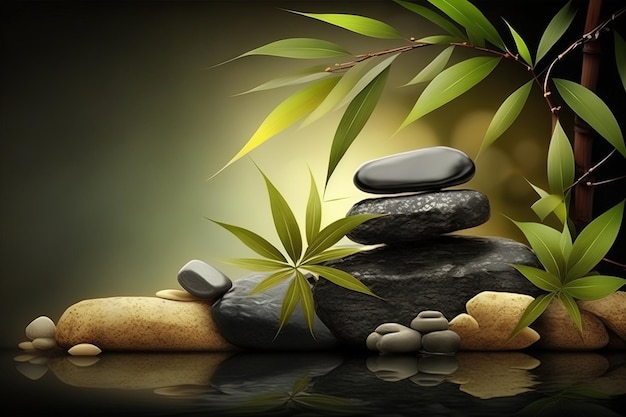 Bambu e pedras em um spa de bem-estar Generative AI Zen Stones e bambu na água relaxam e desfrutam do conceito de spa