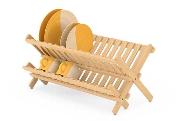 Bambus-Küche-Geschirr-Trockner mit Tellern und Tassen auf weißem Hintergrund. 3D-Rendering