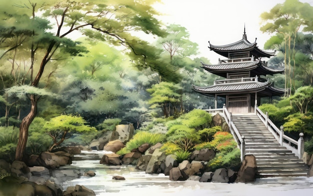 Bambusgarten rund um die Pagode, chinesische Malerei, Illustration