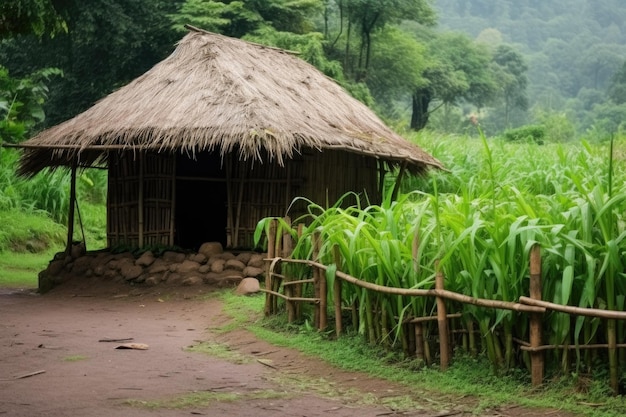 Bambushütte mit Grasdach im Wald