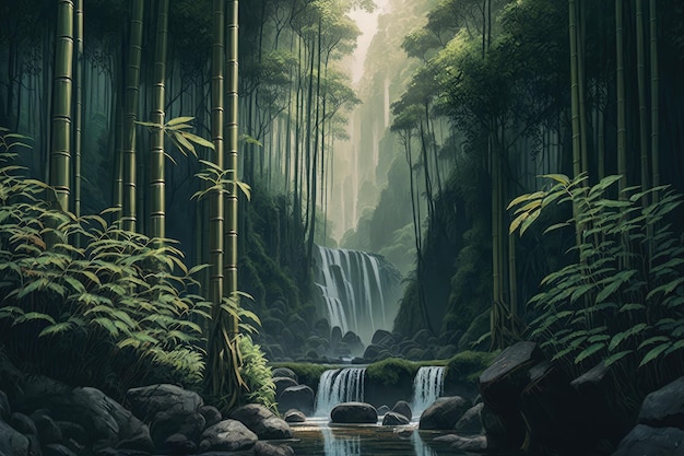 Bambuswald mit hoch aufragenden Mammutbäumen und einem Wasserfall im Hintergrund