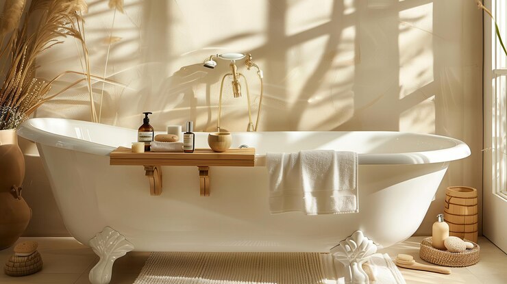 Baña elegante con artículos esenciales para el spa, toallas frescas y luz natural que crean una atmósfera relajante.