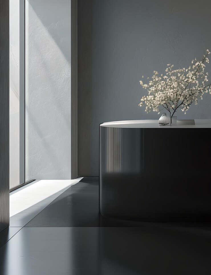 Baña negra moderna en baño minimalista con flores blancas y pared gris de la mejor calidad