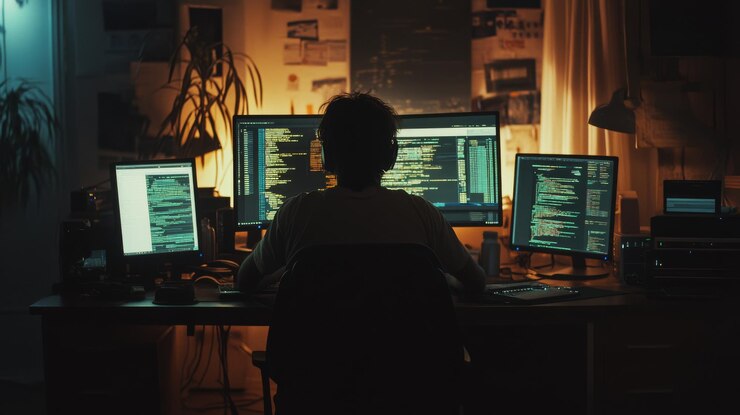 Foto bañado en el resplandor de múltiples monitores un programador profundiza en líneas de código en medio de un caos organizado de papeles y plantas en una oficina en casa