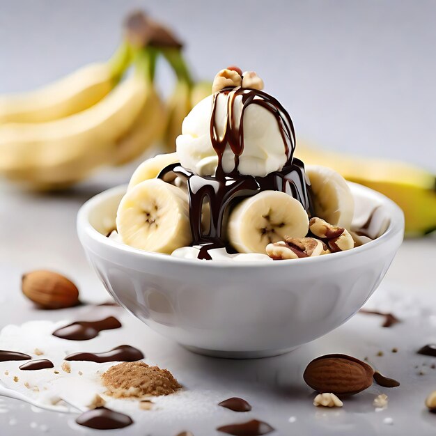 banana com gelado com nozes de creme e migalhas de açúcar AI