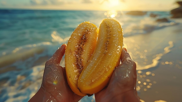 Banana nas mãos no fundo do mar e do pôr-do-sol