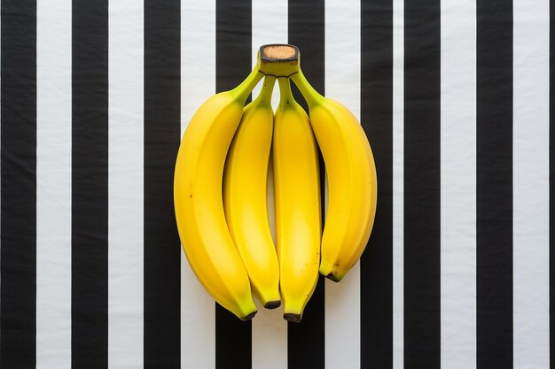 Foto banana orgânica em listras pretas e brancas de fundo vista superior