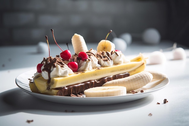 Foto un banana split con chocolate y cerezas encima