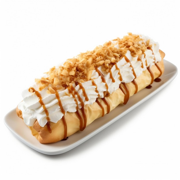 Foto banana split con crema batida y salsa de caramelo