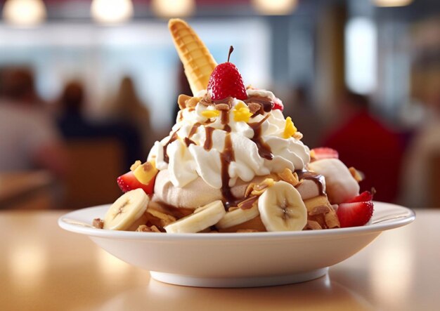 Foto banana split-dessert mit erdbeeren in einem fast-food-restaurantai generative