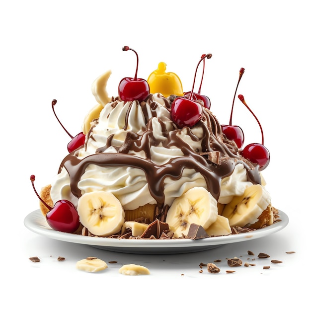 Banana split con plátanos en rodajas y crema batida