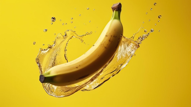 Banana voadora Efeito de respingo de água Fundo amarelo Fruta refrescante