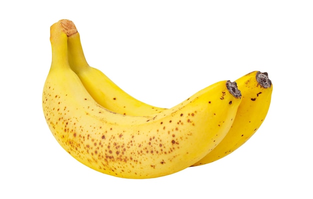 Bananas duas peças maduras com manchas castanhas isoladas em fundo branco com caminho de corte