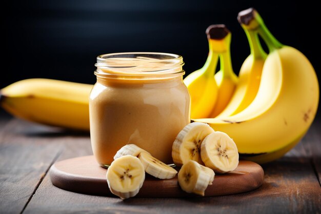 Bananas e um frasco de manteiga de amendoim sugerindo ideias de lanche ou refeição