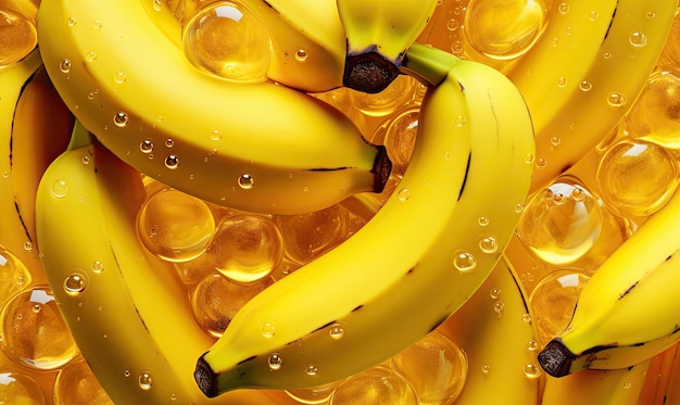 Bananas maduras com gotas brilhantes em um fundo amarelo vibrante A composição exala frescura ideal para temas culinários e tropicais de saúde Criados com ferramentas de IA generativas