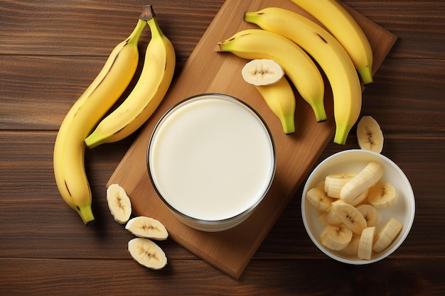 Foto bananas maduras con vista superior de leche en una madera