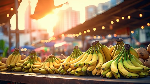 Bananas en la mesa con fondo de mercado