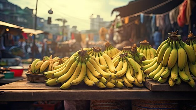 Bananas na mesa com fundo de mercado